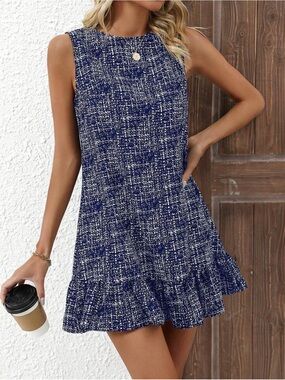 BRAND NEW Sleeveless Navy Blue Tweed Ruffle Hem Dress